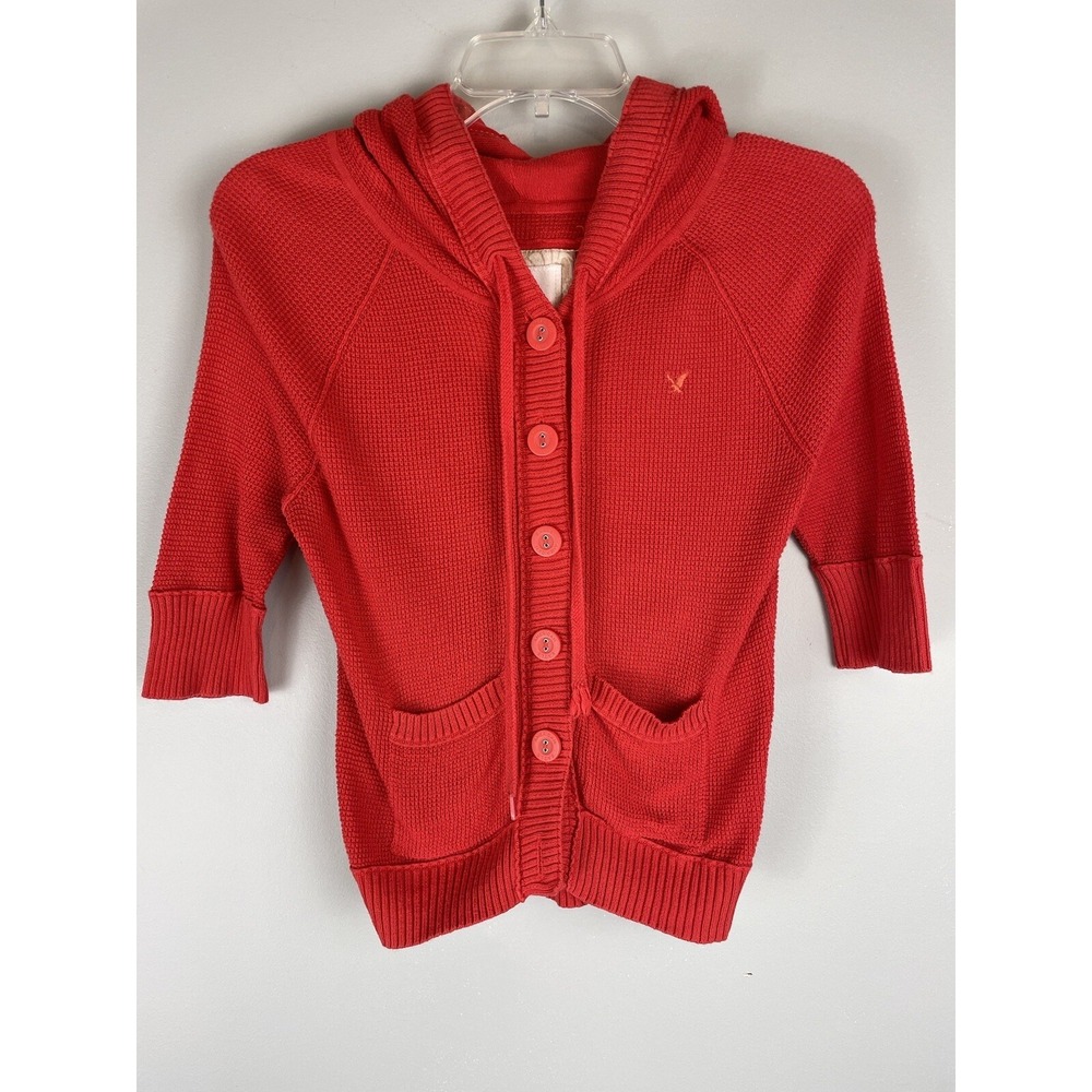 American Eagle Juniors Orange Cardigan Logo Button Up Hoodie Pockets Size Small